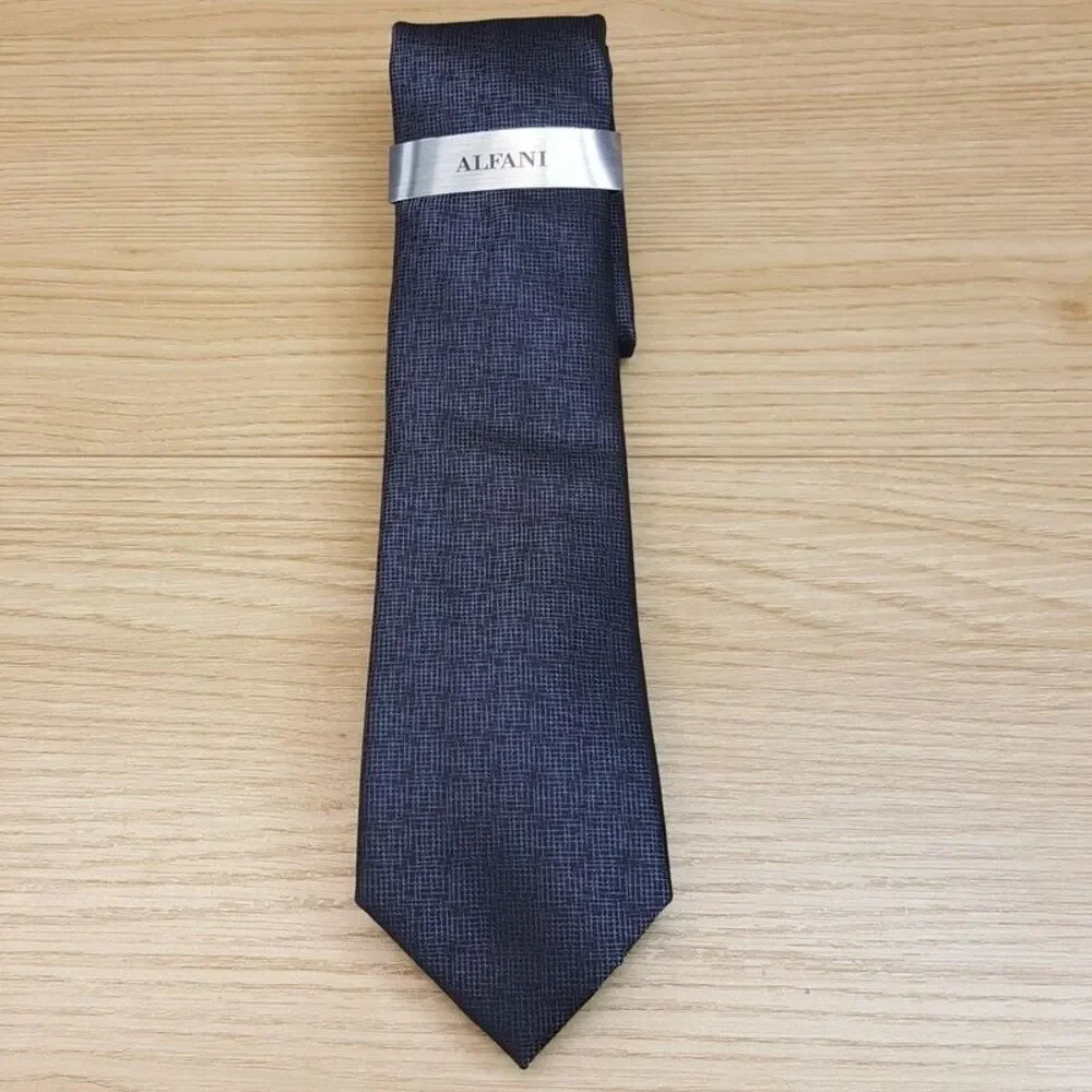 ALFANI Mens Neck Tie Black Charcoal Crosshatch Grid Slim Modern Classic